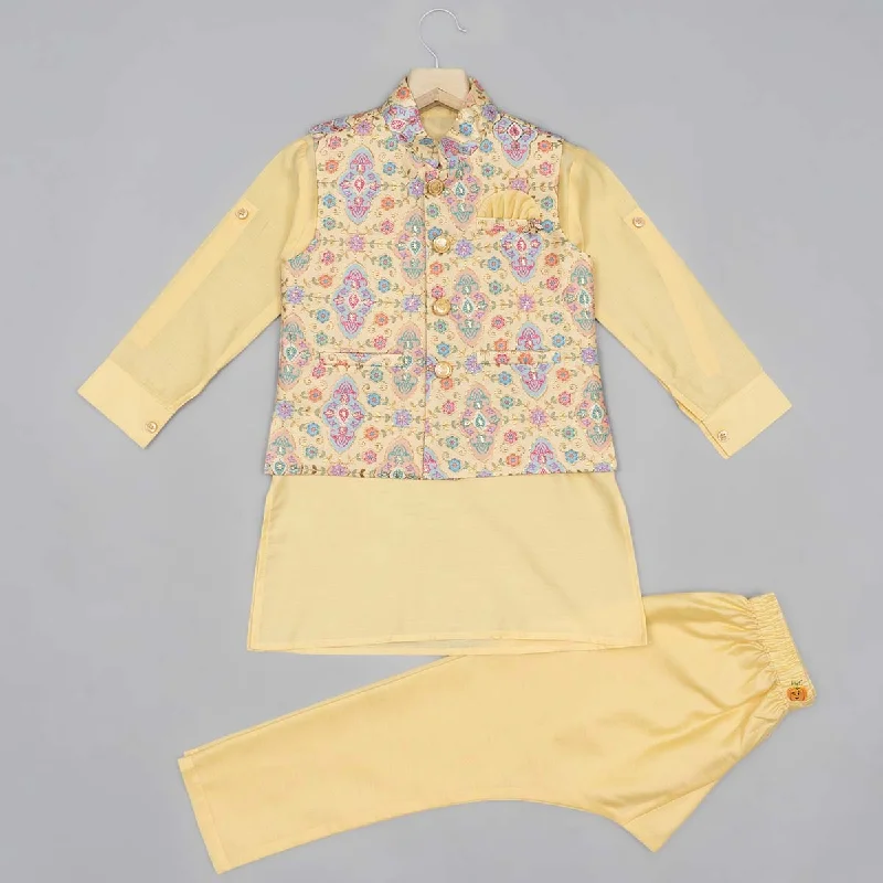 Yellow Printed Boys Kurta Pajama with Jacket