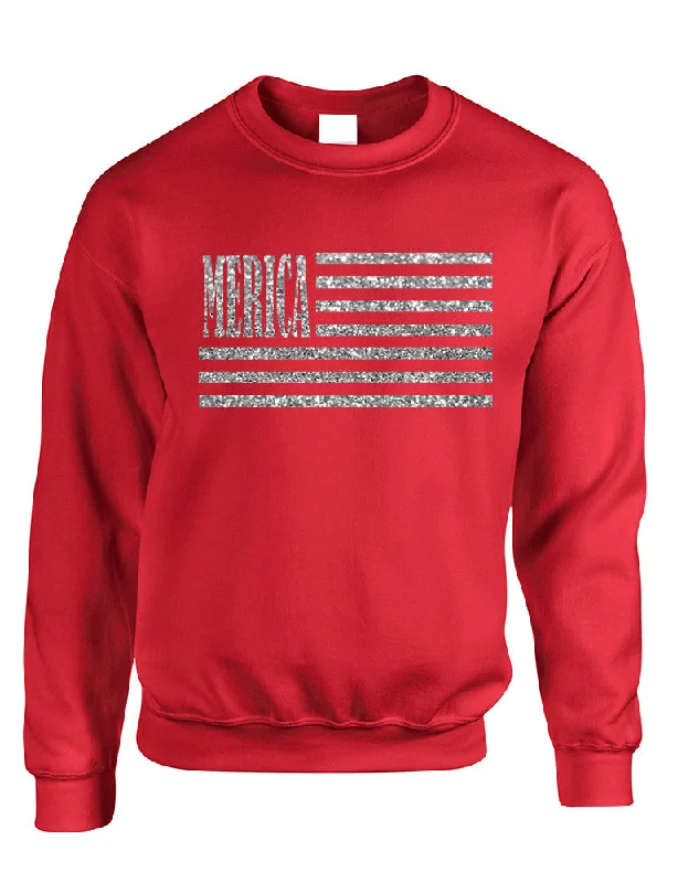 Adult Sweatshirt Merica Glitter Silver Flag 4th Of July USA