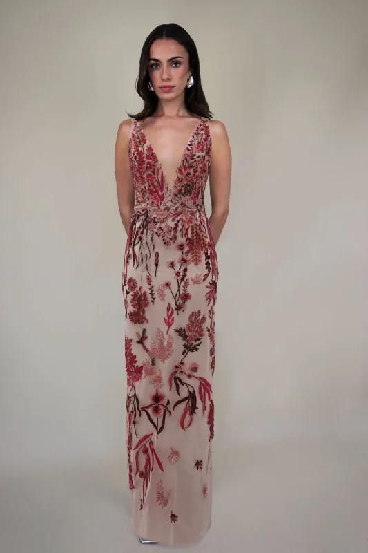 Underwater Wildflower Column Dress in Cranberry