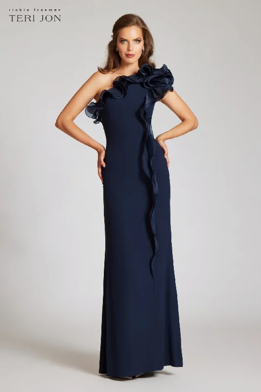 Crepe Column Gown With Organza