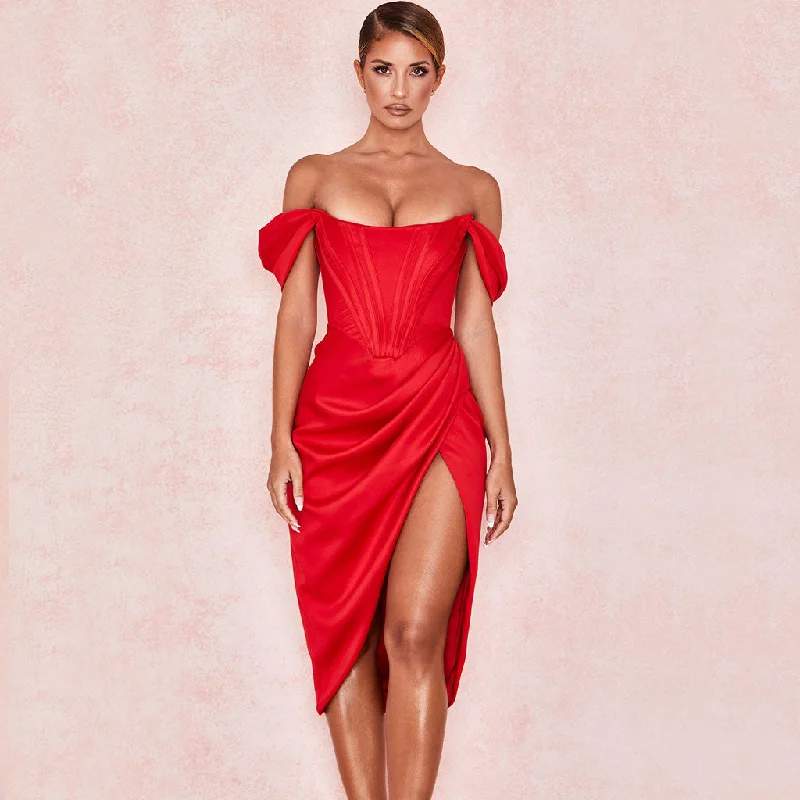 BerryBetty - Off Shoulder Draped Corset Cocktail Midi Dress - Red