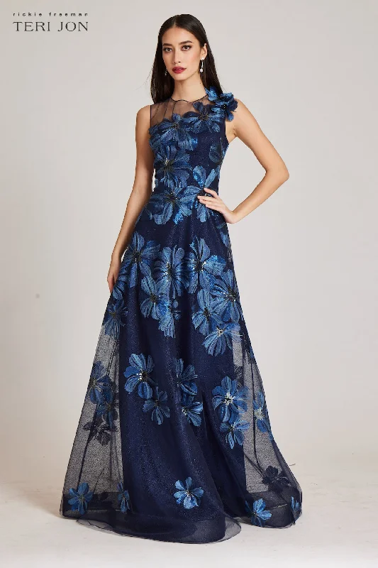 Floral Embroidered Tulle Gown With 3D Flower