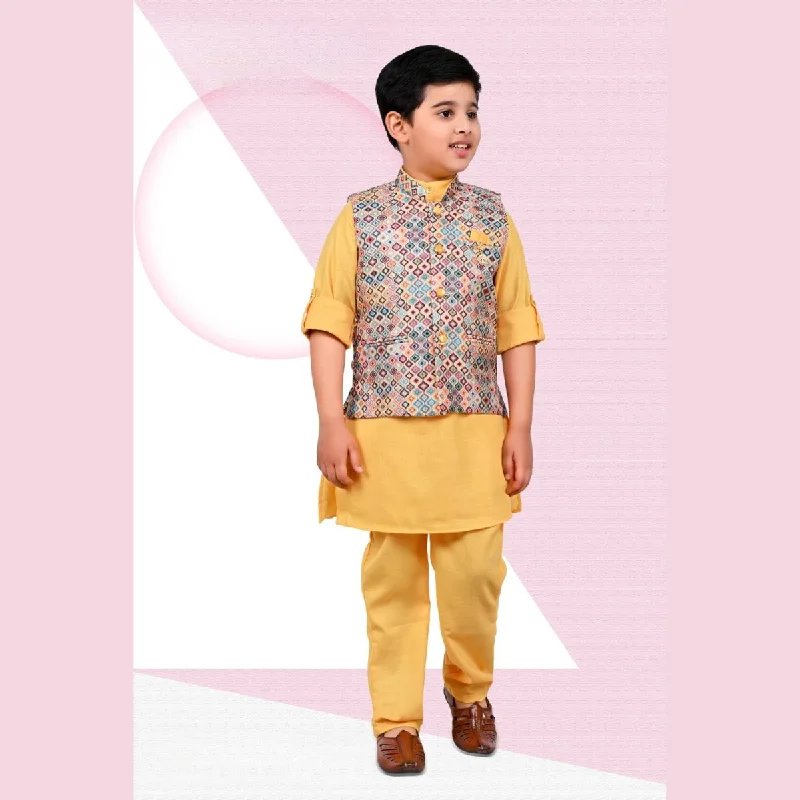 Golden Printed Boys Kurta Pajama with Jacket