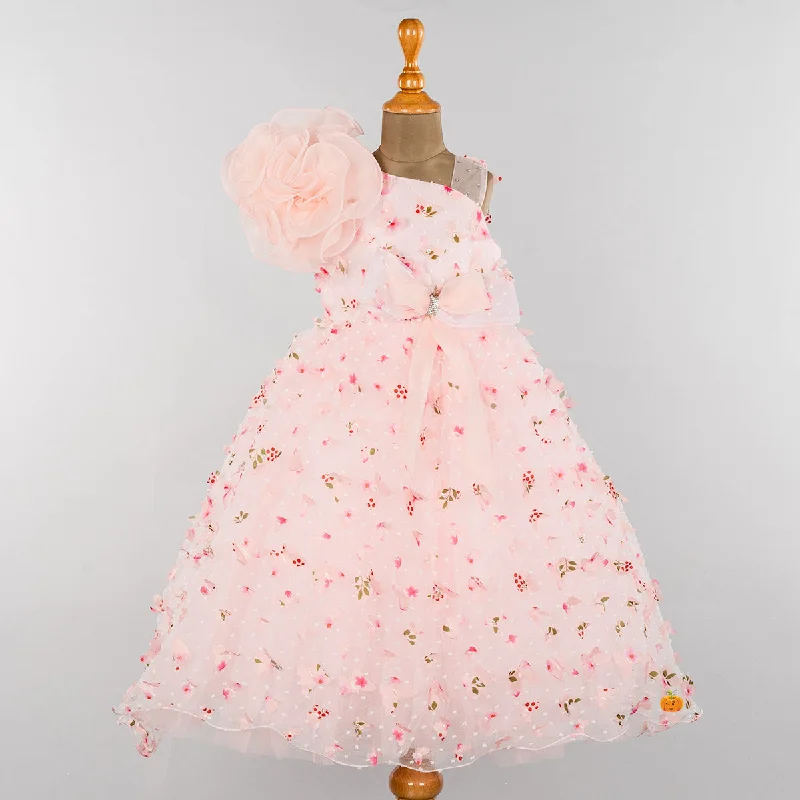 Peach Scattered Flower Girlish Gown