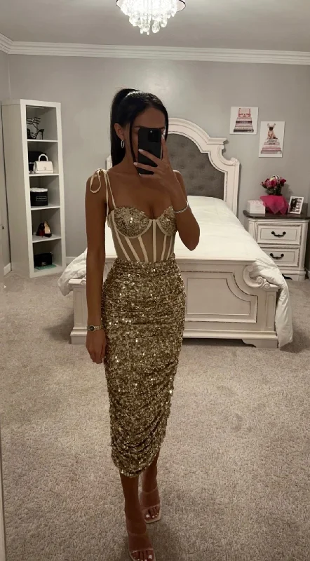 GOLD SEQUIN CORSET MIDI DRESS