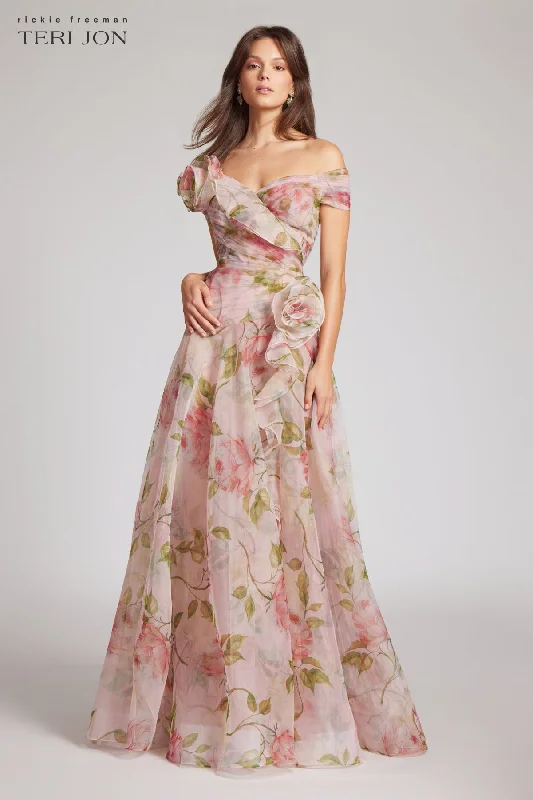 Off the Shoulder Organza Floral Gown