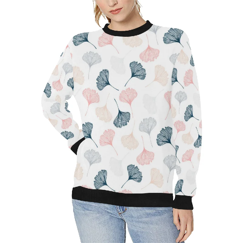 Black Gray Cream coral ginkgo leaves pattern Women's Crew Neck Sweatshirt