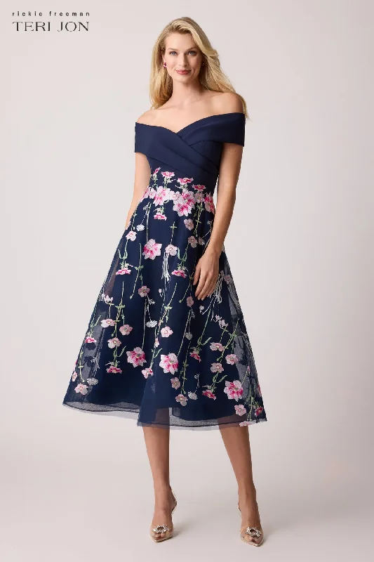 Crepe Off The Shoulder Embroidered Tulle Dress