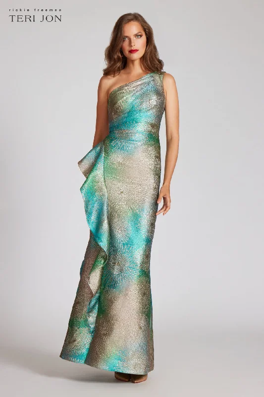 Metallic Starburst Pattern One Shoulder Gown