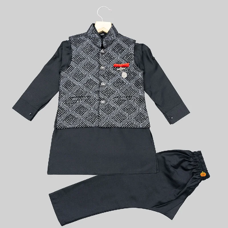 Black Embroidered Boys Kurta Pajama with Jacket