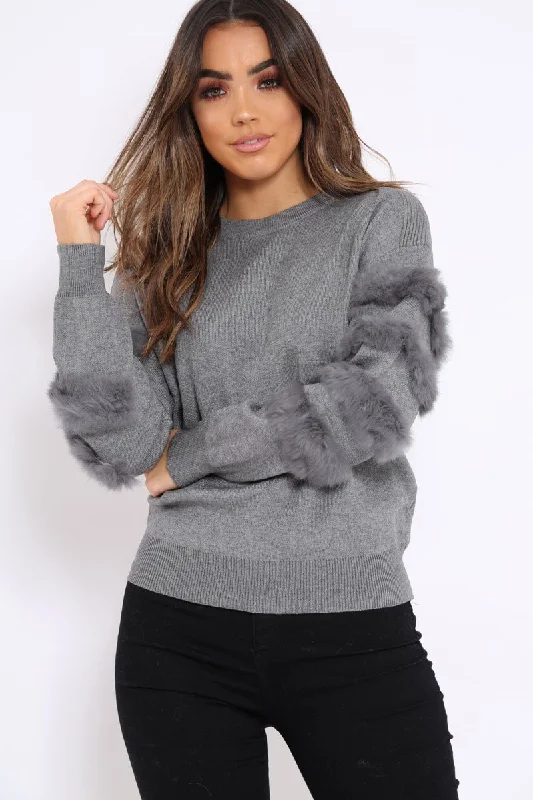 Dark Grey Fur Sleeve Knitted Jumper - Courtnie