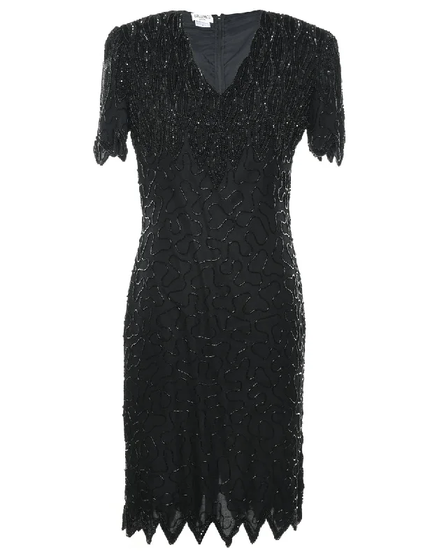 Black Sequinned Silk Party Dress - S