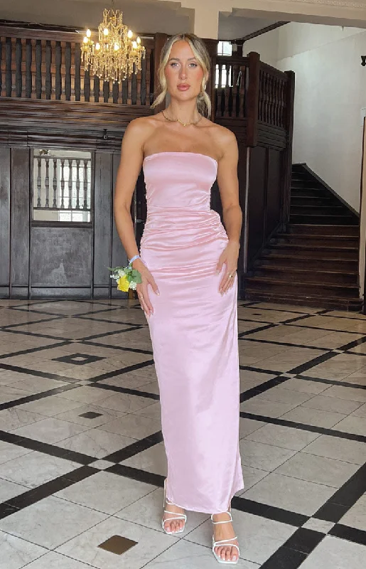 Pink Bloom Satin Strapless Maxi Dress