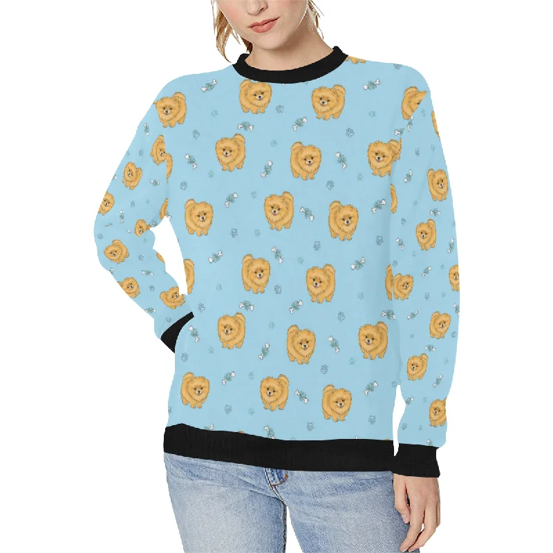 Brown cute pomeranian blue blackground Women's Crew Neck Sweatshirt