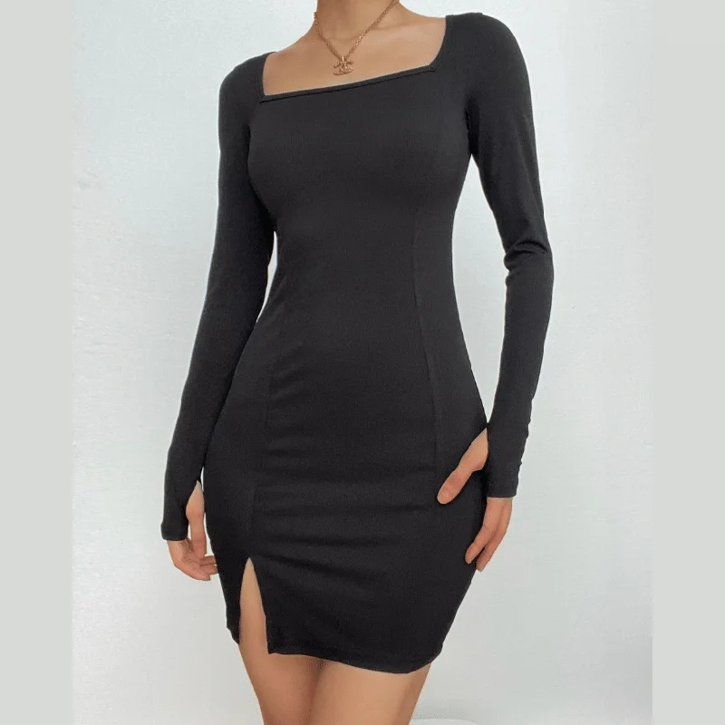 BerryBetty - Ribbed solid square neck long sleeve gloves slit mini dress