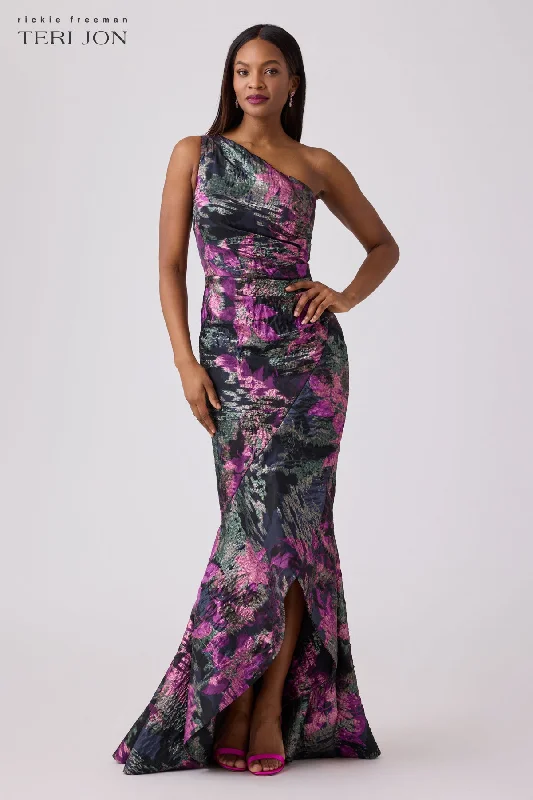 Floral Jacquard One Shoulder Evening Gown