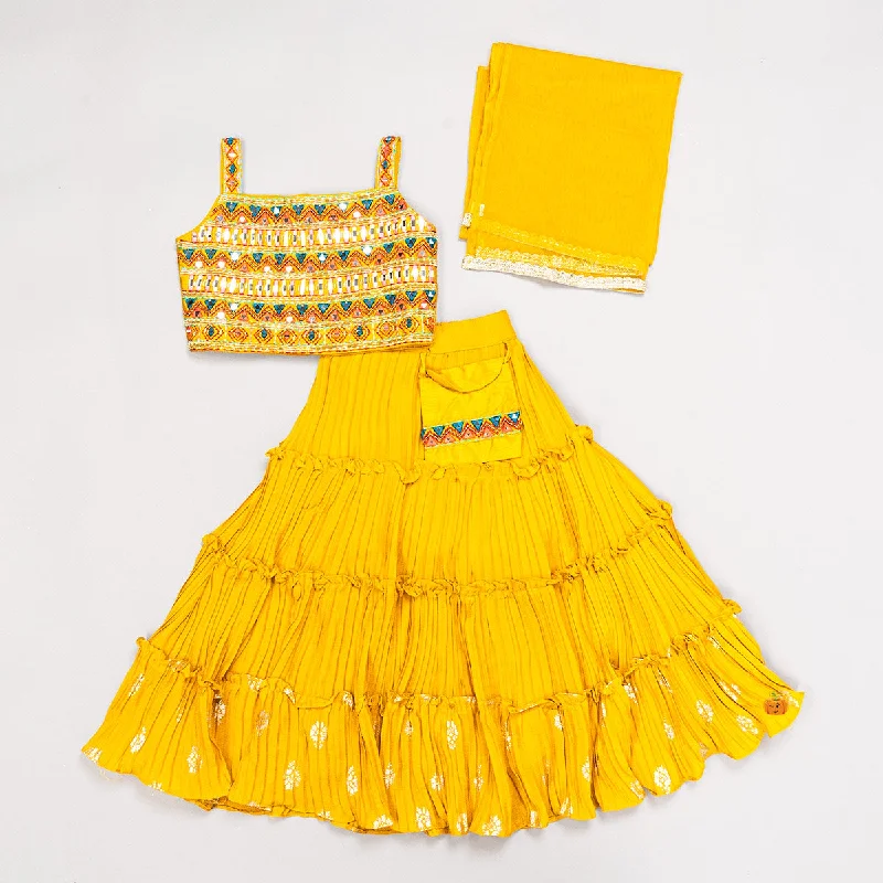 Mustard Mirror Work Lehenga Choli for Girls