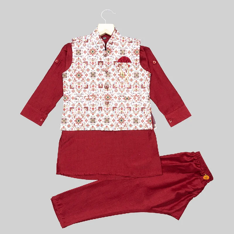 Maroon Boys Kurta Pajama with Printed Jacket