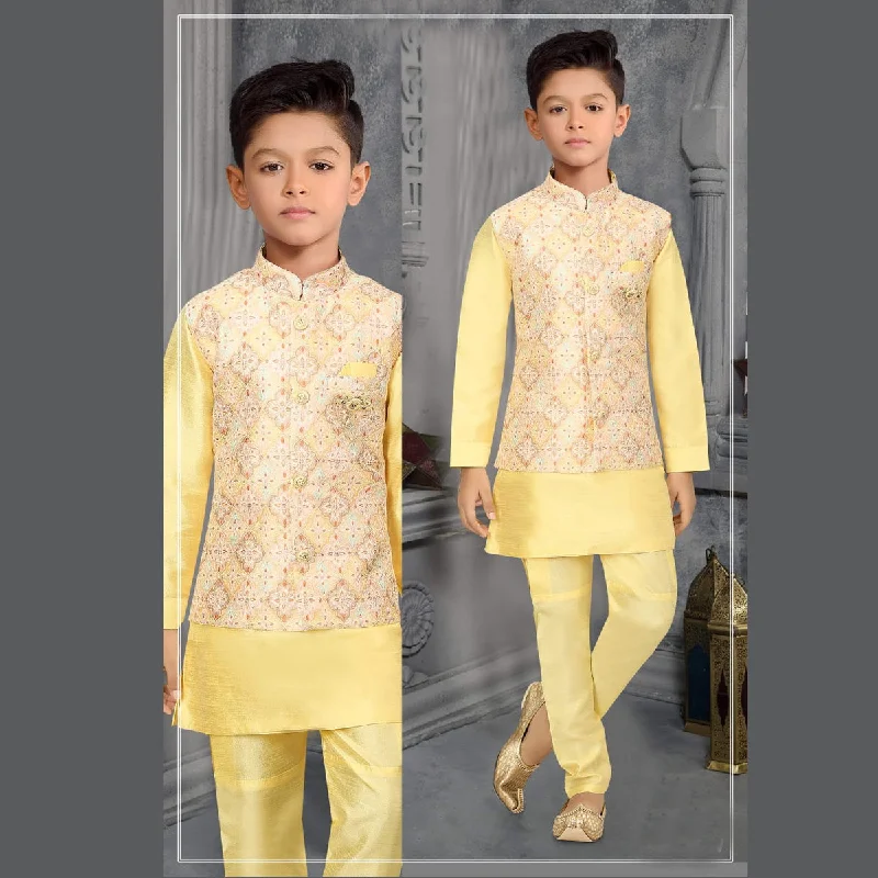 Yellow & Pink Kurta Pajama with Printed Jacket