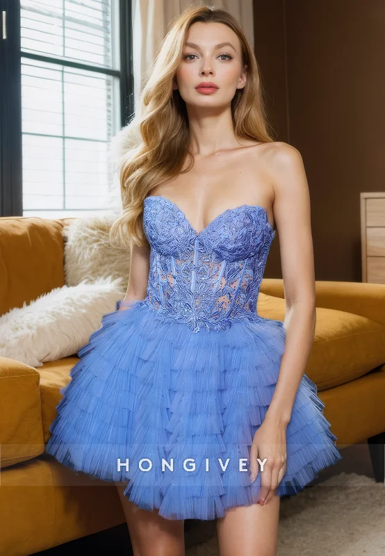 Tulle A-Line Sweetheart Strapless Empire Lace Applique Party/Homecoming Dress