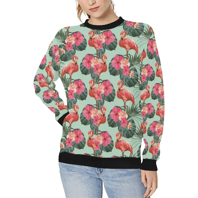 Beautiful flamingo tropical palm leaves hibiscus p Women's Crew Neck Sweatshirt