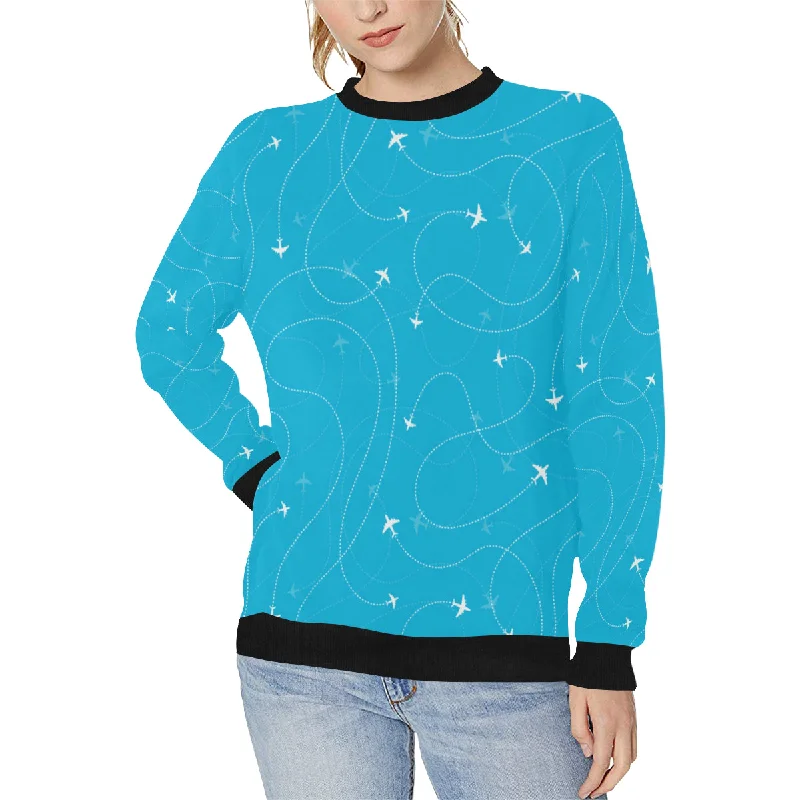 Airplane destinations blue background Women's Crew Neck Sweatshirt