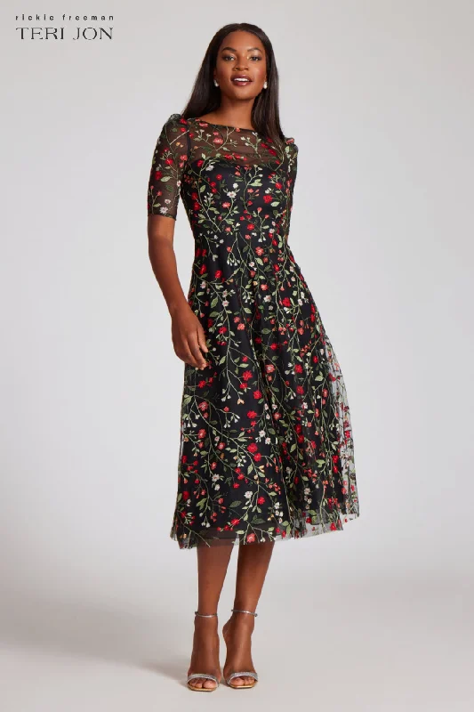 Floral Embroidered Tulle Midi Dress