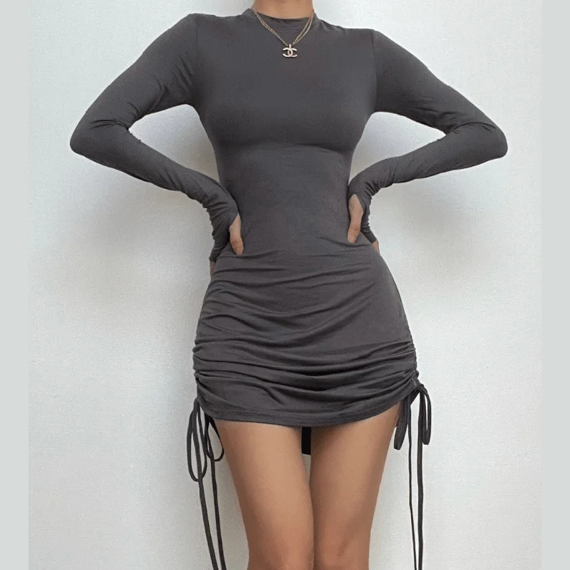 BerryBetty - Long sleeve drawstring gloves solid mini dress