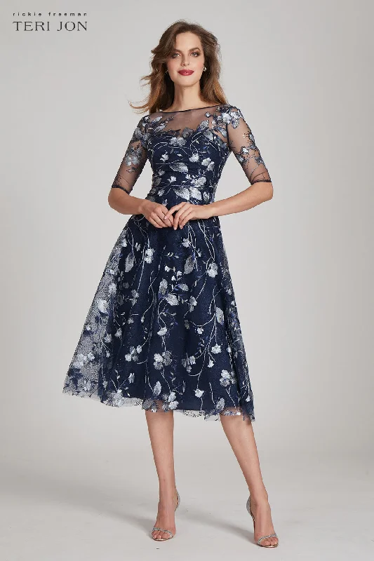 Tea Length Embroidered Tulle Cocktail Dress