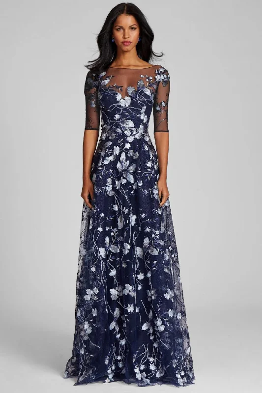 Embroidered Lace Illusion Gown With Elbow Sleeves