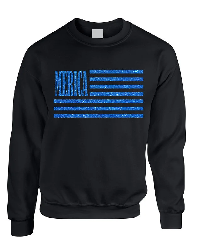 Adult Sweatshirt Merica Glitter Blue Flag 4th Of July Top